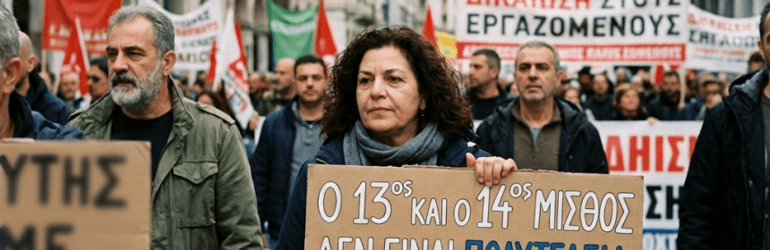 Woman holding sign reading “Ο 13ος ΚΑΙ Ο 14ος ΜΙΣΘΟΣ ΔΕΝ ΕΙΝΑΙ ΠΟΛΥΤΕΛΕΙΑ. ΕΙΝΑΙ ΑΝΑΓΚΗ.”; banner reads “ΔΙΚΑΙΩΣΗ ΣΤΟΥΣ ΕΡΓΑΖΟΜΕΝΟΥΣ.”