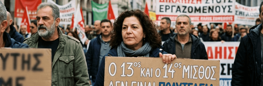 Woman holding sign reading “Ο 13ος ΚΑΙ Ο 14ος ΜΙΣΘΟΣ ΔΕΝ ΕΙΝΑΙ ΠΟΛΥΤΕΛΕΙΑ. ΕΙΝΑΙ ΑΝΑΓΚΗ.”; banner reads “ΔΙΚΑΙΩΣΗ ΣΤΟΥΣ ΕΡΓΑΖΟΜΕΝΟΥΣ.”