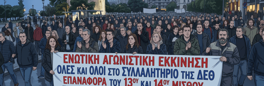 Workers carry Greek banner demanding restored 13th and 14th salaries and wage increases.