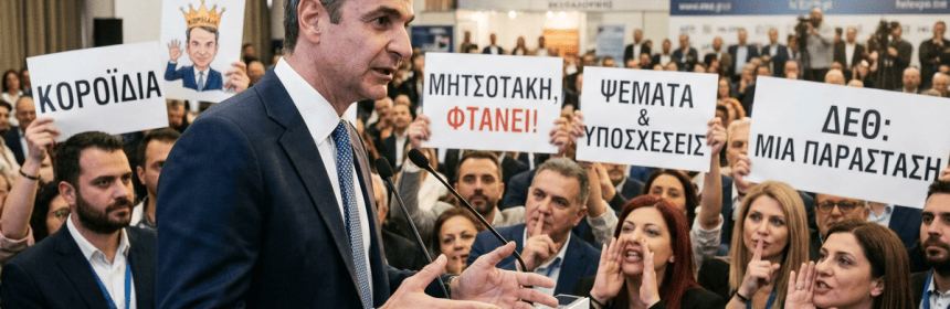 Greek political speaker at HELEXPO surrounded by attendees holding protest signs