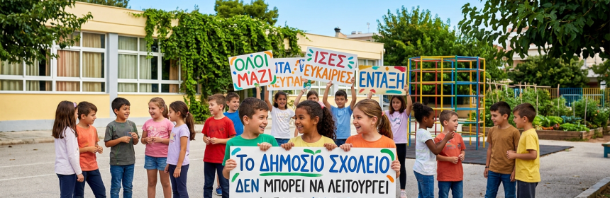 Children holding Greek signs reading “Όλοι μαζί,” “Ίσες ευκαιρίες,” “Ένταξη,” and “Το δημόσιο σχολείο δεν μπορεί να λειτουργεί με λογικές διαχωρισμού και κατηγοριοποίησης.”