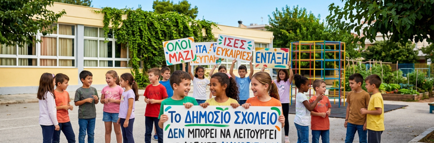 Children holding Greek signs reading “Όλοι μαζί,” “Ίσες ευκαιρίες,” “Ένταξη,” and “Το δημόσιο σχολείο δεν μπορεί να λειτουργεί με λογικές διαχωρισμού και κατηγοριοποίησης.”
