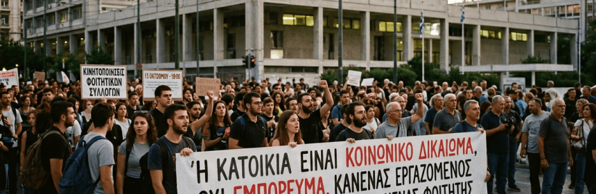 Protesters outside the Ministry of Finance hold Greek banners reading “Η ΚΑΤΟΙΚΙΑ ΕΙΝΑΙ ΚΟΙΝΩΝΙΚΟ ΔΙΚΑΙΩΜΑ, ΟΧΙ ΕΜΠΟΡΕΥΜΑ. ΚΑΝΕΝΑΣ ΕΡΓΑΖΟΜΕΝΟΣ ΧΩΡΙΣ ΑΞΙΟΠΡΕΠΗ ΣΤΕΓΗ – ΚΑΝΕΝΑΣ ΦΟΙΤΗΤΗΣ ΧΩΡΙΣ ΔΙΚΑΙΩΜΑ ΣΤΙΣ ΣΠΟΥΔΕΣ!”
